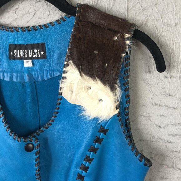 Silver Mesa Vest Womens Medium Blue Leather Cowhide Rhinestone Western Boho - Picture 11 of 16